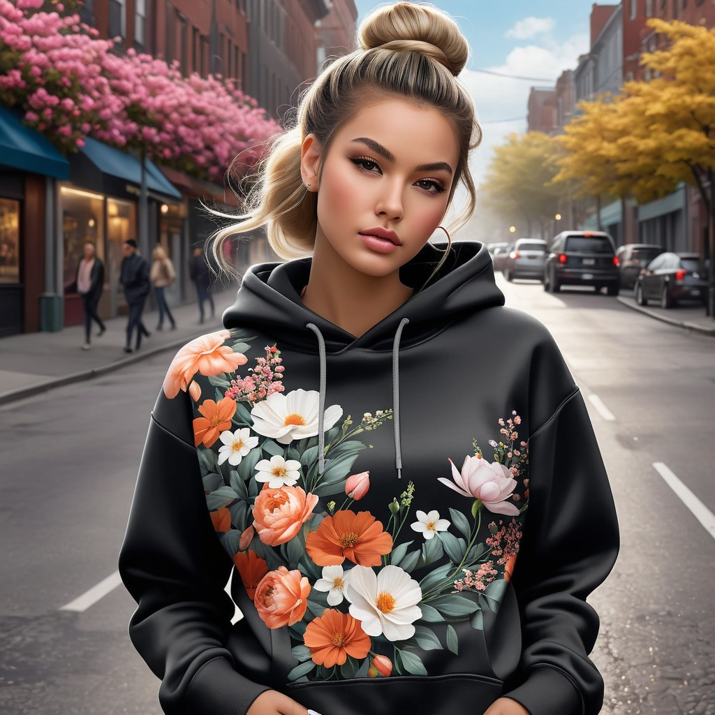 Young woman in floral hoodie on tree-lined street