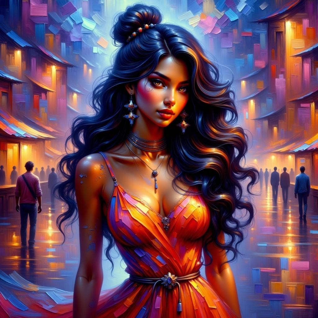 Vibrant street scene featuring a woman in orange dress