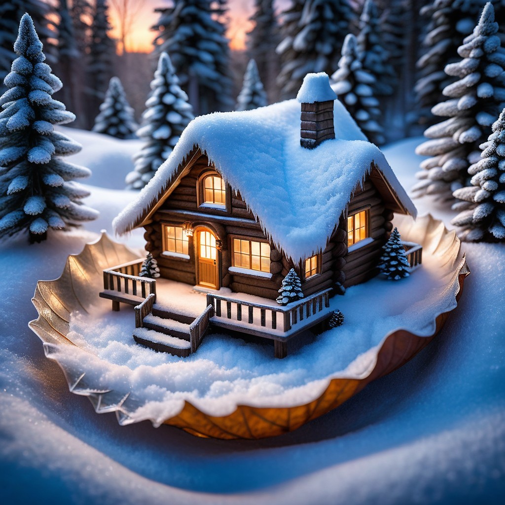 Log Cabin in Snowy Landscape with Twilight Hues