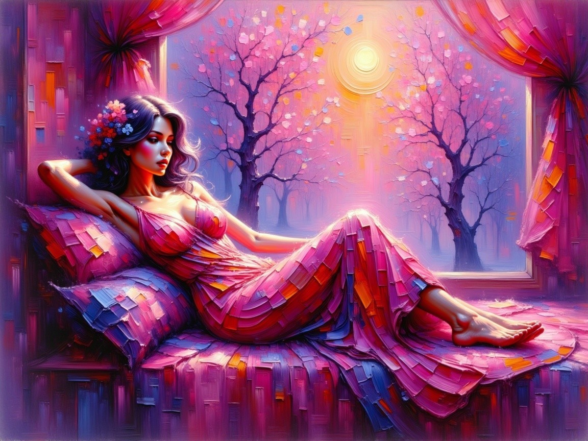 Serene Scene of a Woman on a Vibrant Bed