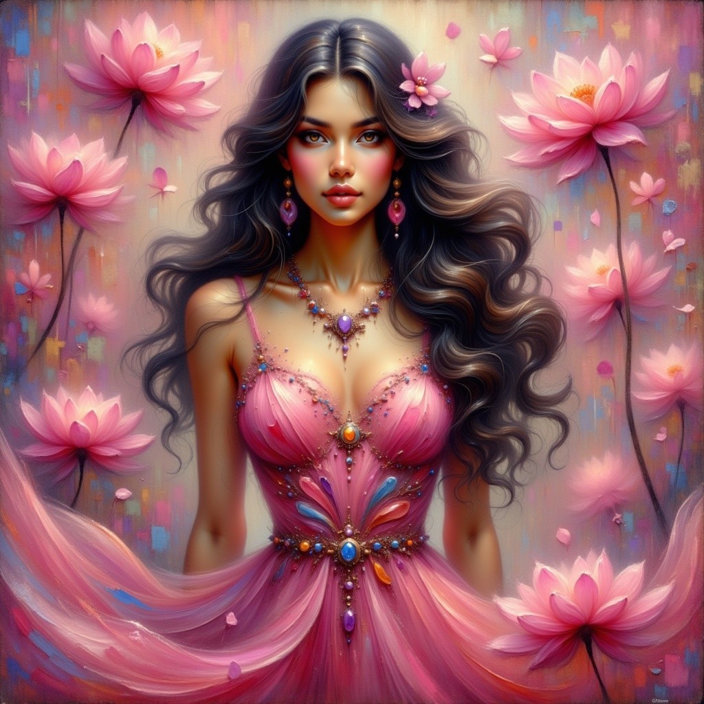 Elegant Woman in Pink Gown Among Lotus Flowers