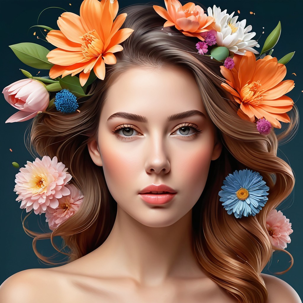 Young woman with wavy hair and colorful flowers