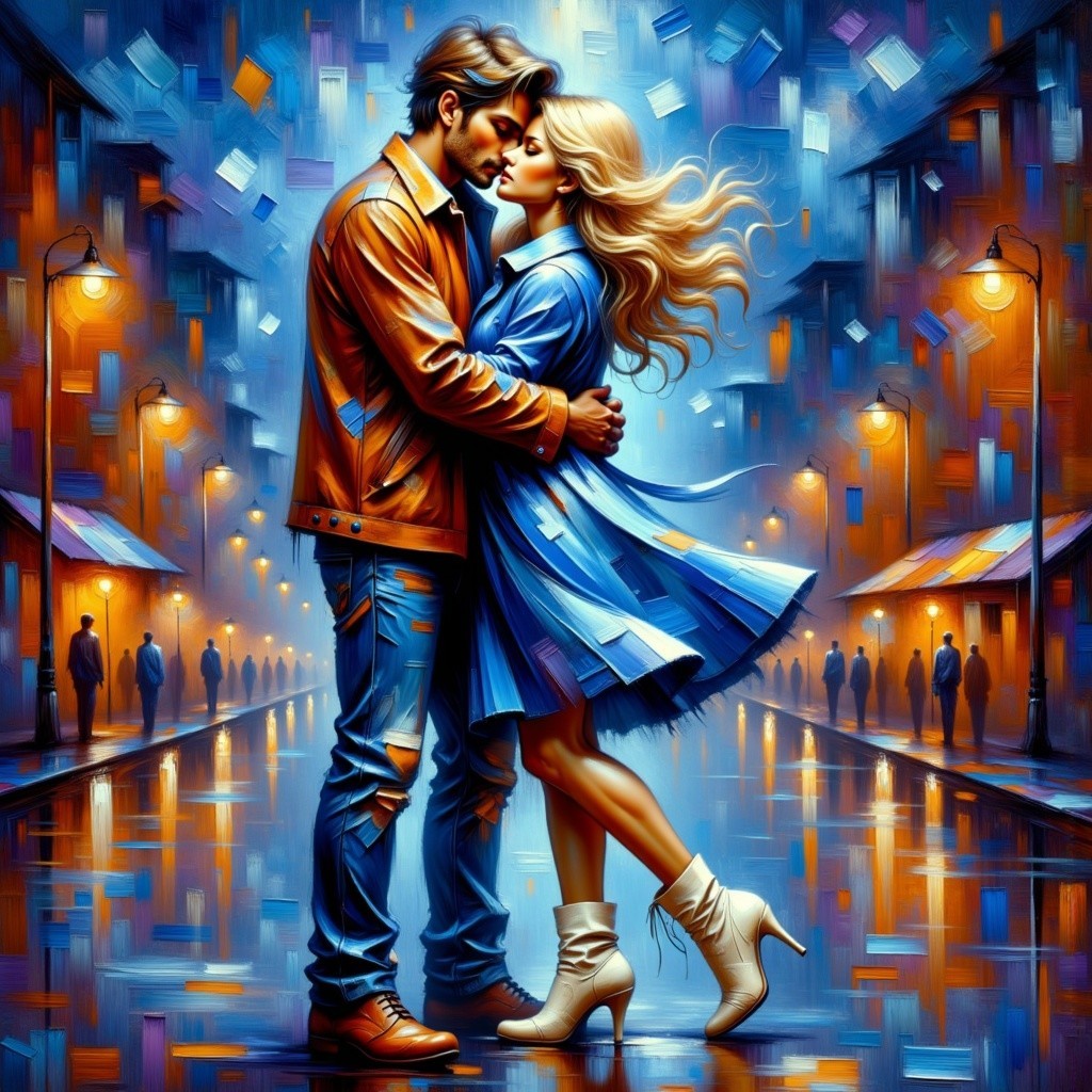 Couple Embracing in Rainy Cityscape at Night