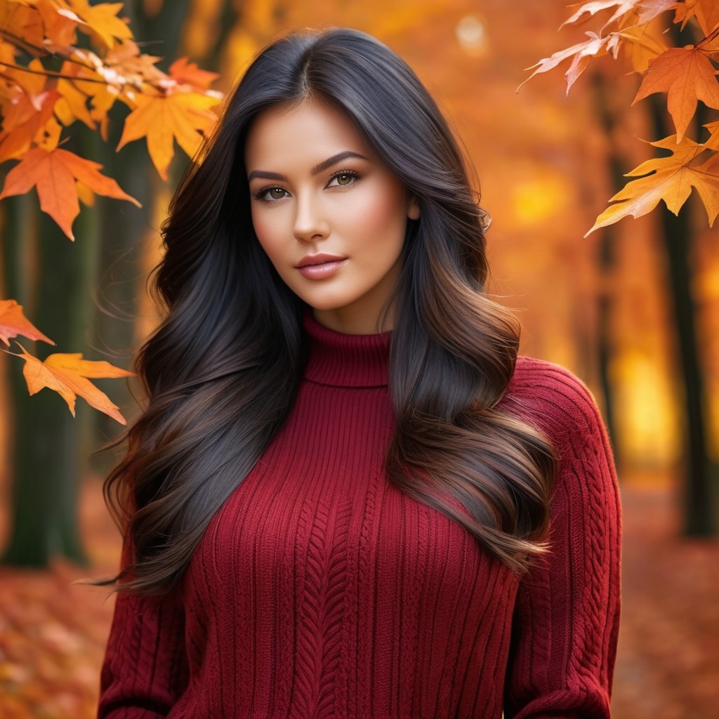 Young Woman in Autumn Leaves with Cozy Sweater