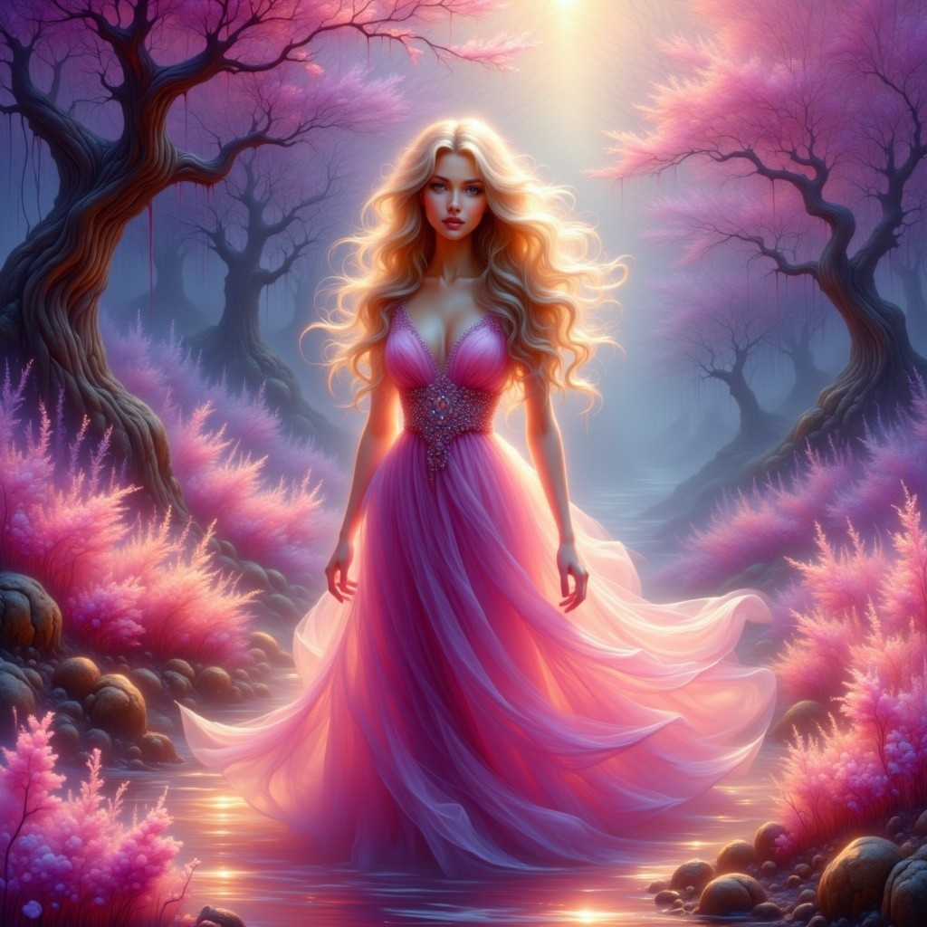 Mystical forest scene with woman in pink gown