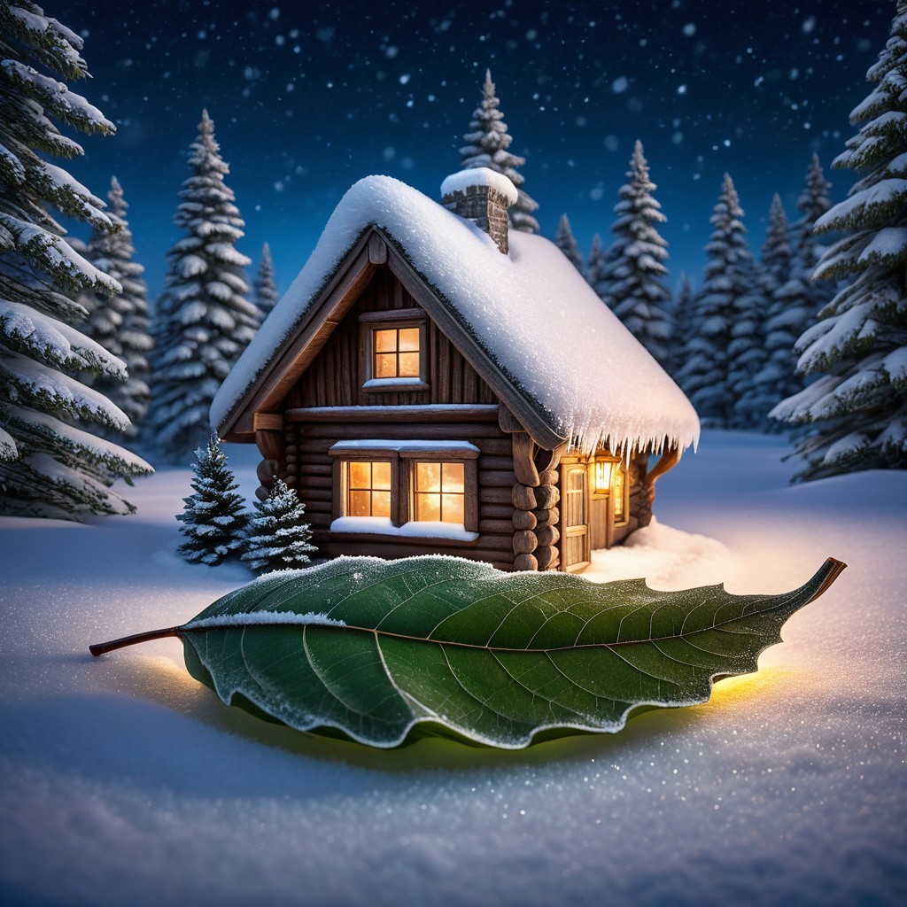 Cozy wooden cabin in snowy landscape with pine trees