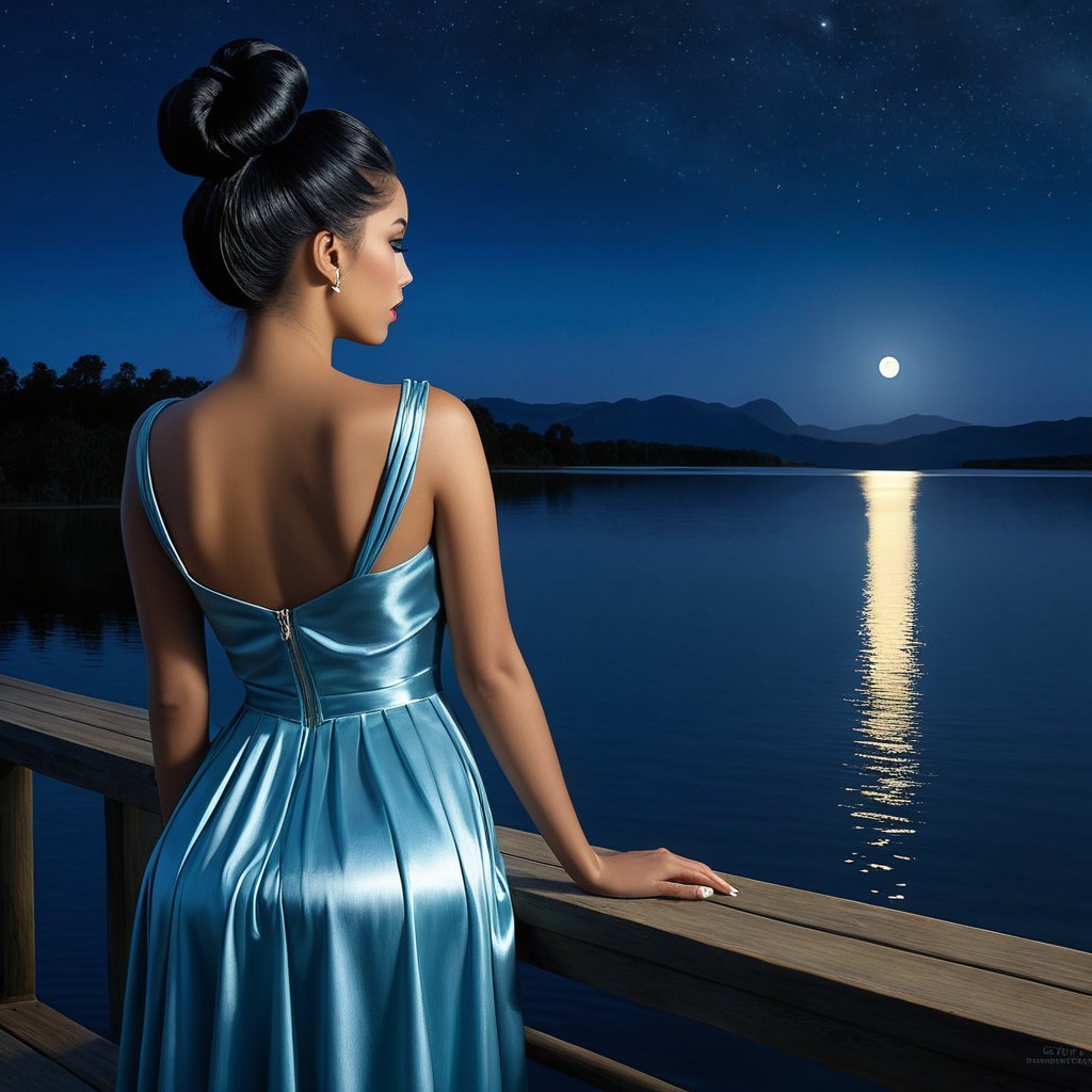 Woman in Blue Gown by Moonlit Lake at Night