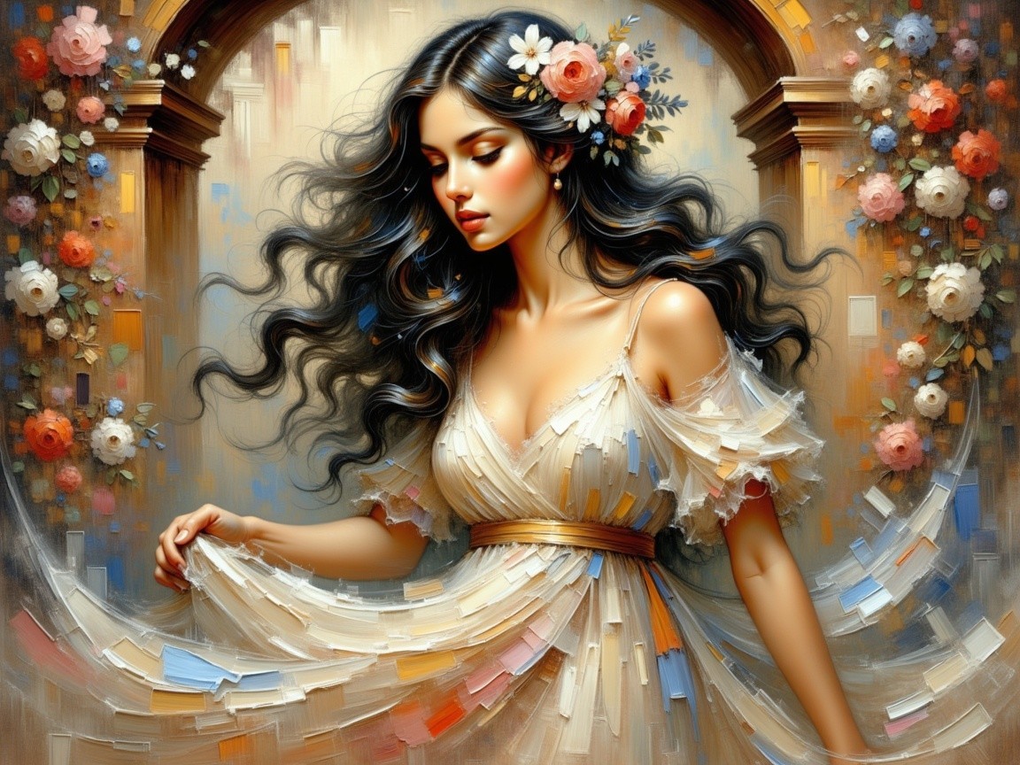 Young woman in floral dress with serene expression