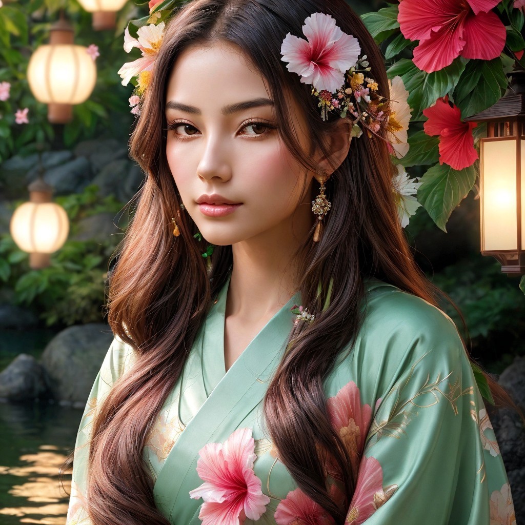 Young Woman in Green Kimono by Garden Pond