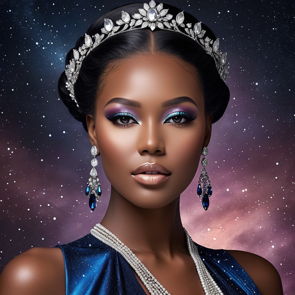 Portrait of a woman with tiara and cosmic backdrop