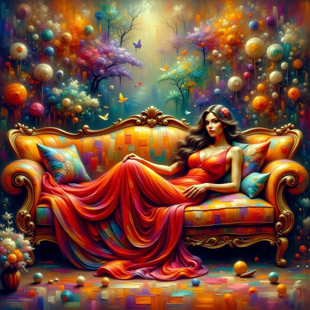 Reclining Woman in Colorful Gown on Ornate Couch
