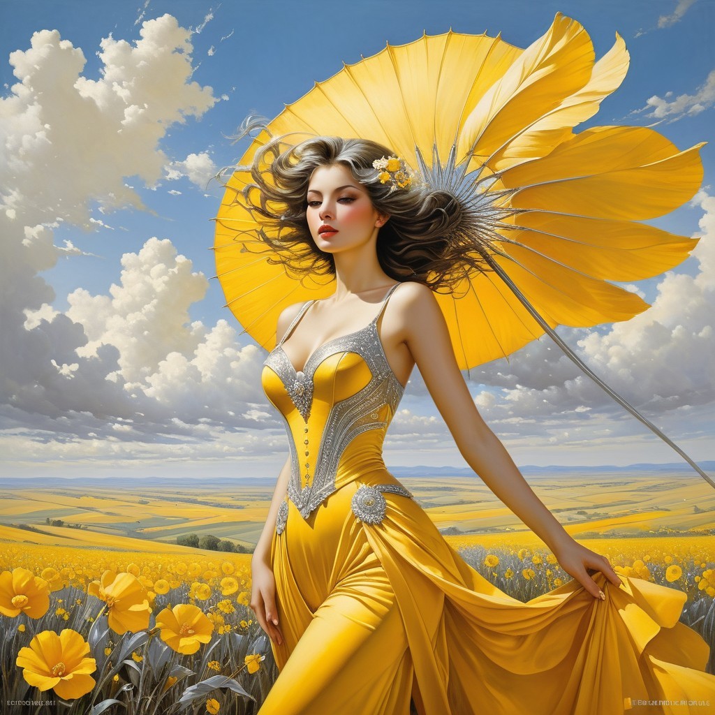 Woman in Yellow Dress in Flower Field Under Blue Sky