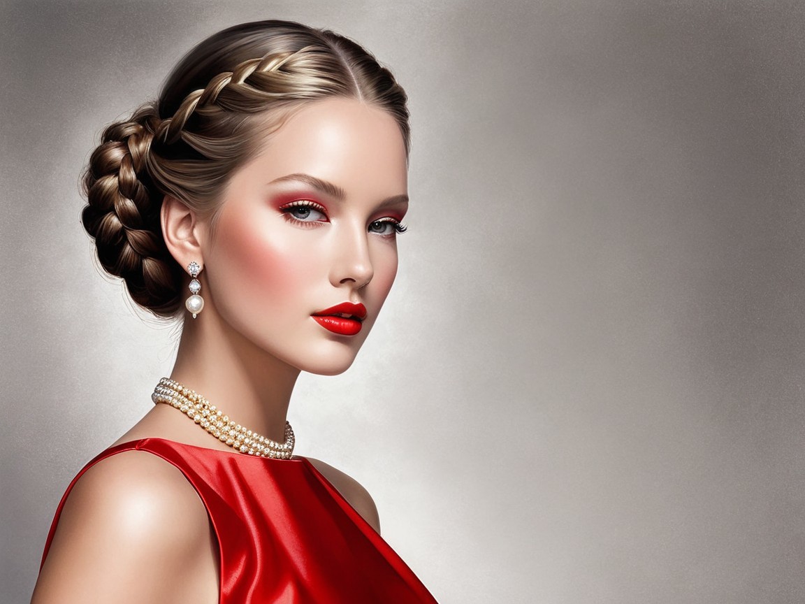 Portrait of a woman in a red dress with elegant updo