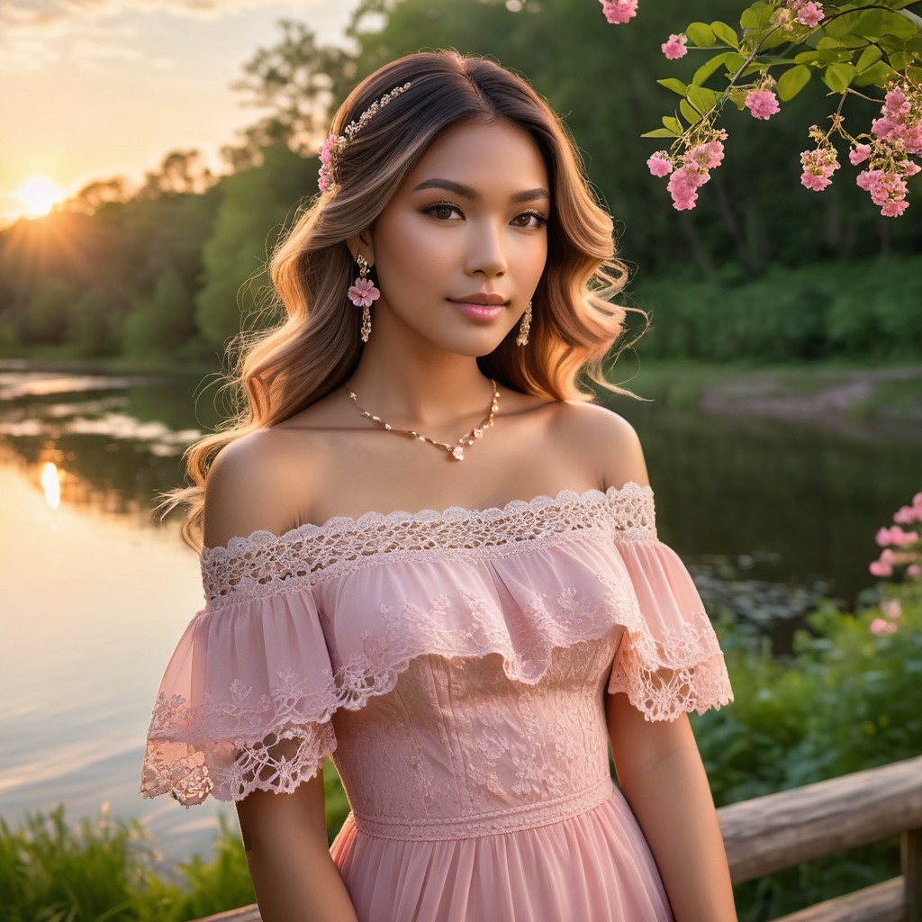 Young woman in blush dress by serene sunset lake
