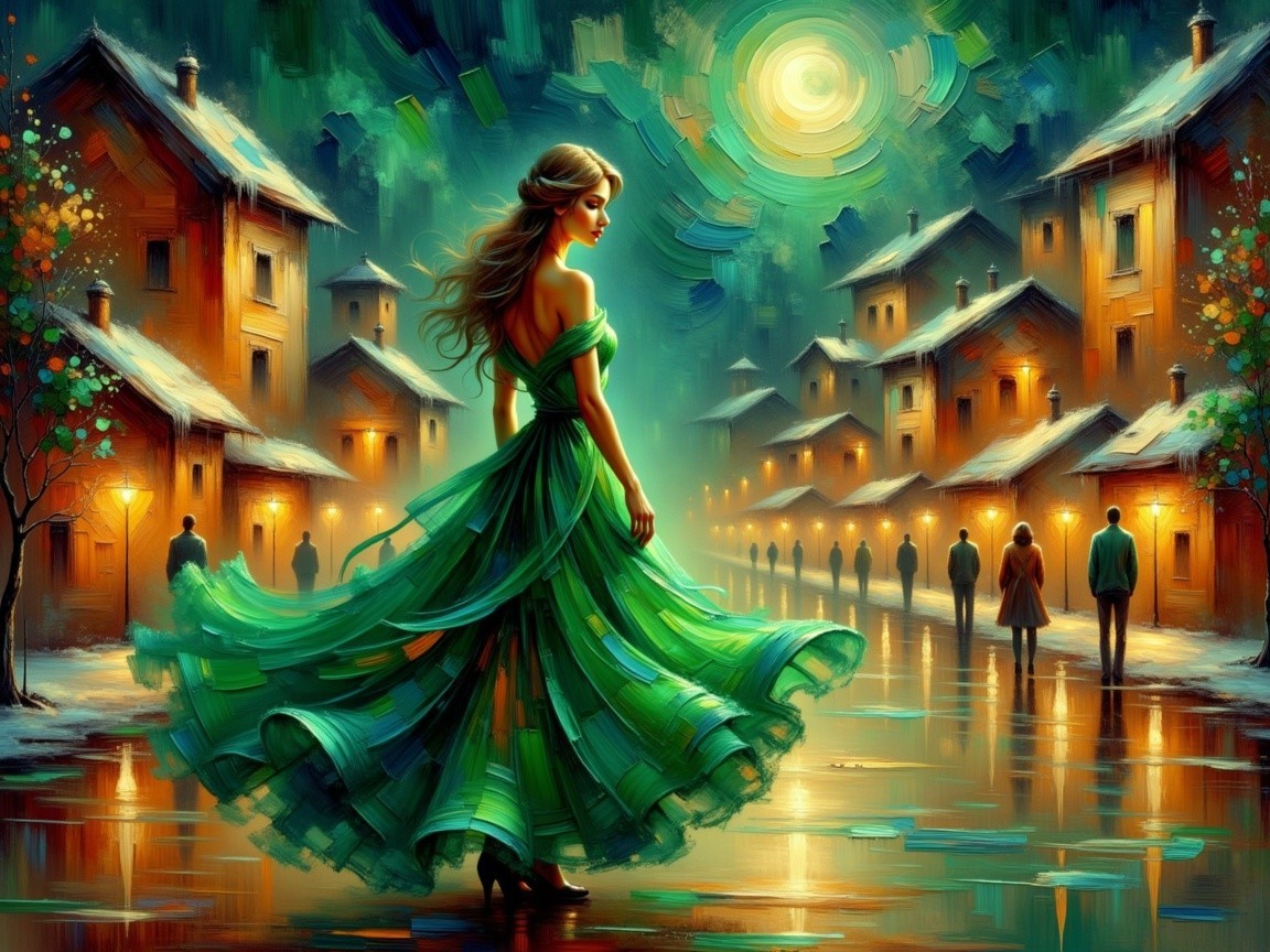Emerald Dress Woman on Cobblestone Street at Night