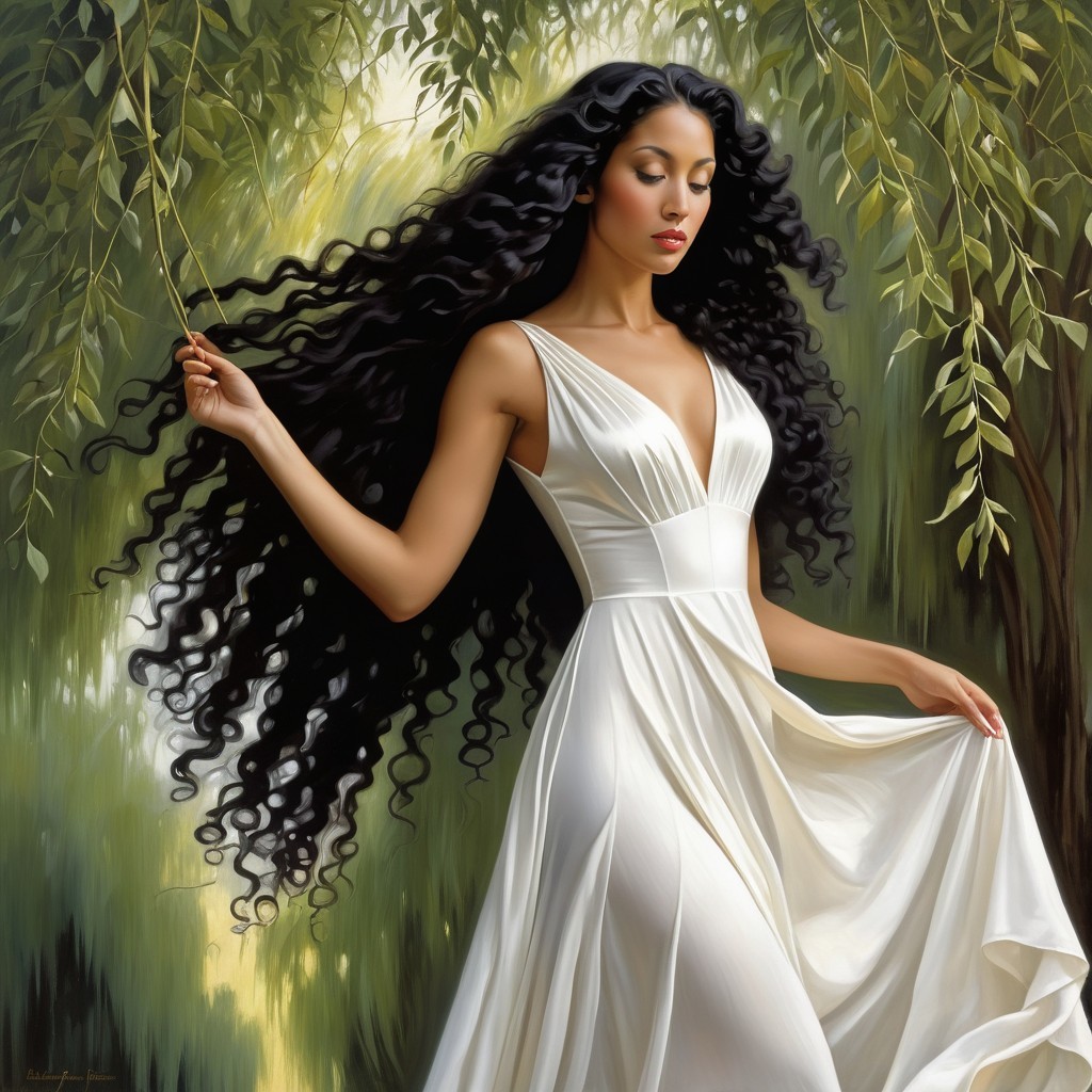 Serene Woman in Lush Greenery with Flowing Gown
