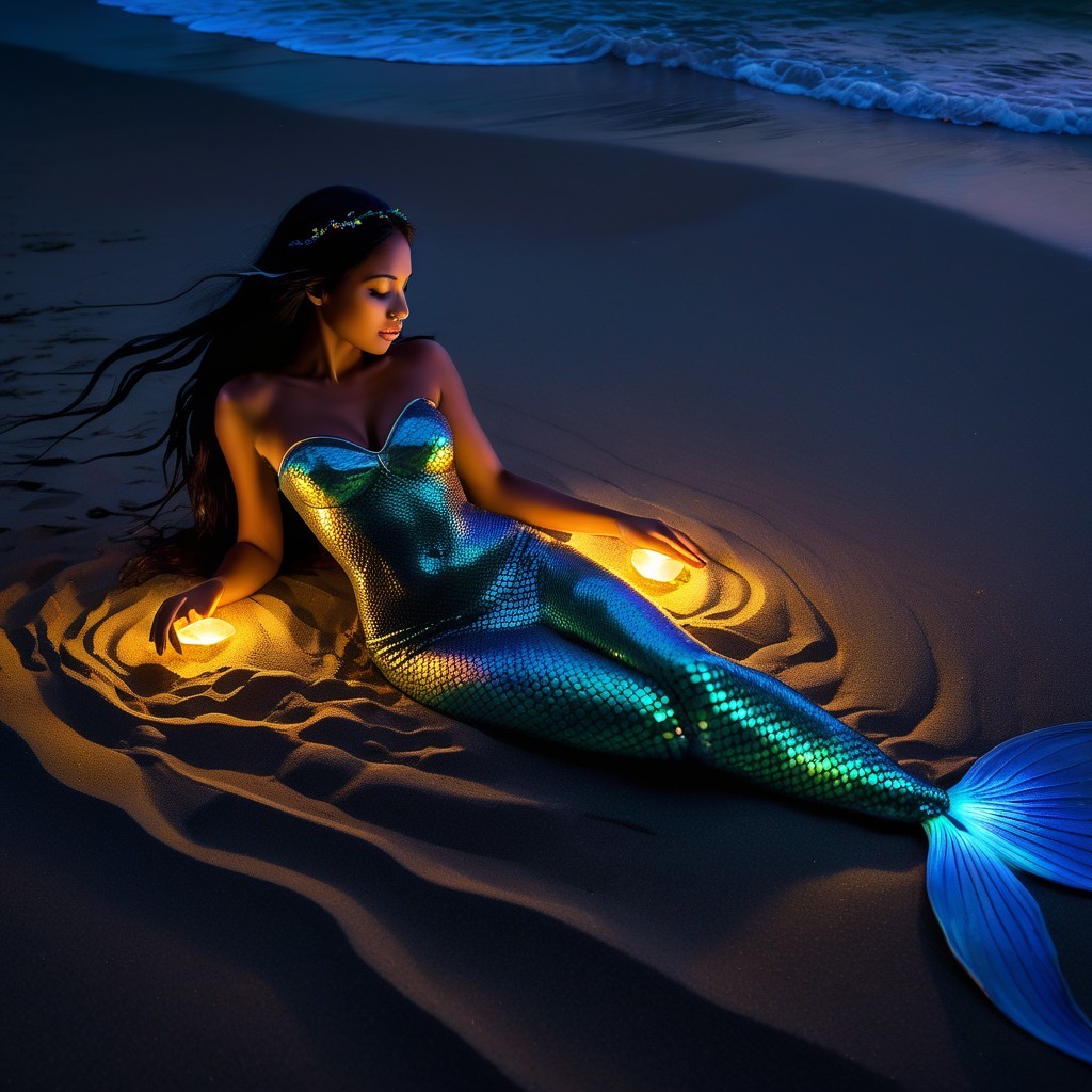 Mermaid on Shore at Dusk with Glowing Orbs