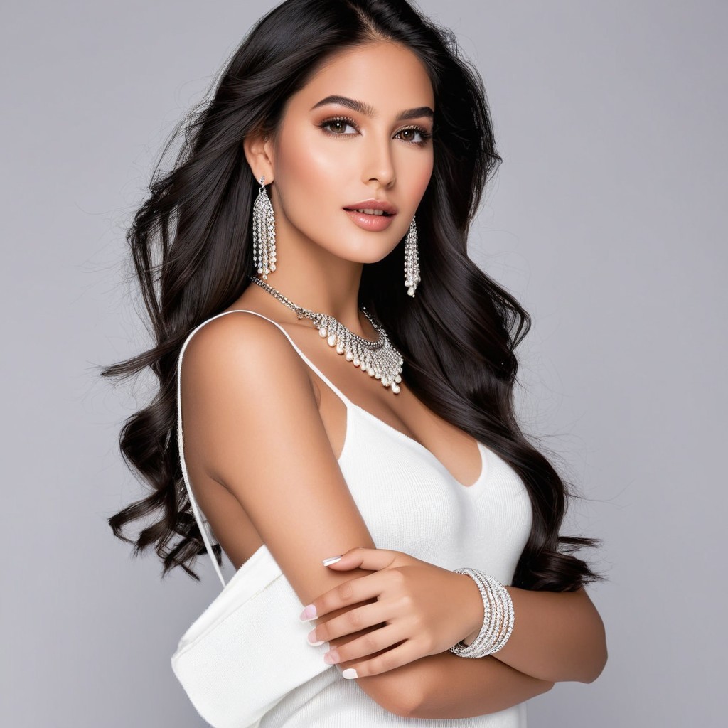 Elegant Portrait of Woman with Dark Hair and Jewelry