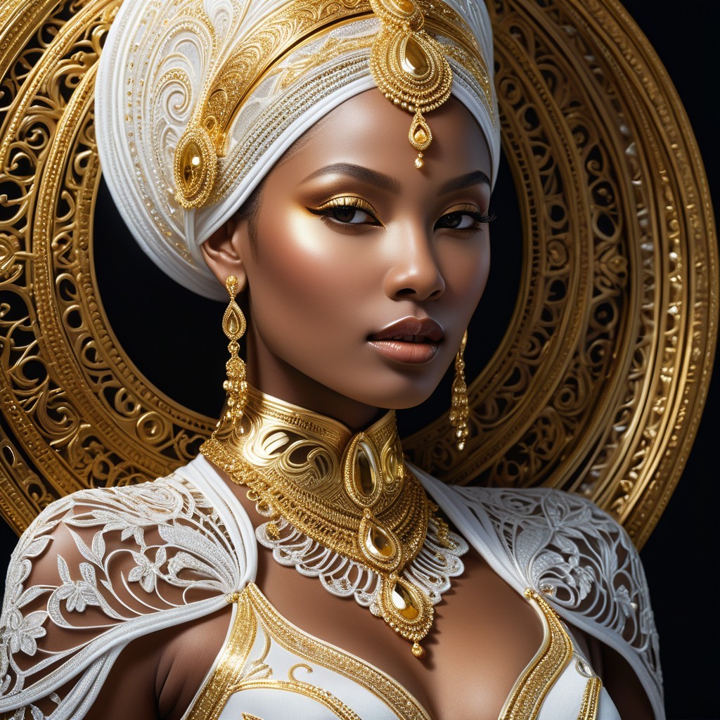 Striking Woman in Golden Jewelry and Headdress