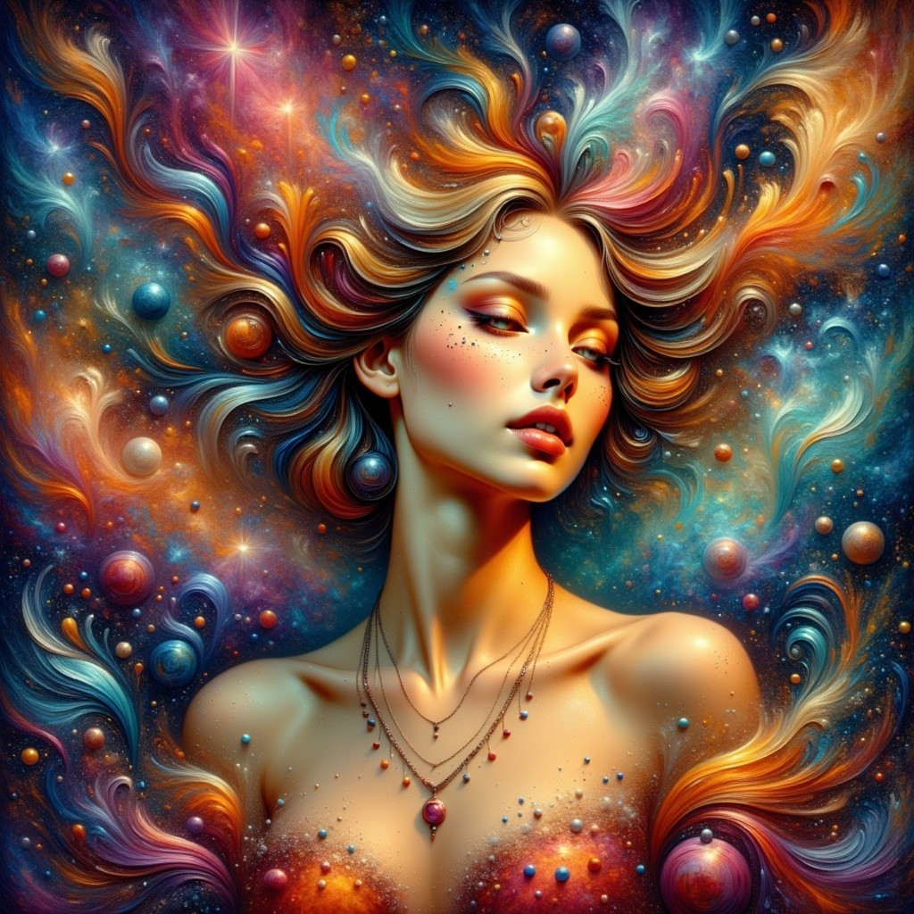 Whimsical Woman in Cosmic Vibrant Backdrop