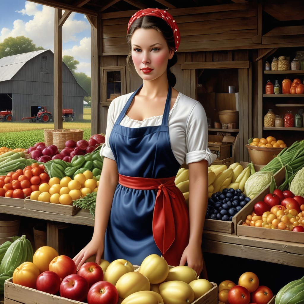 Young Woman at Vibrant Farmers' Market with Produce