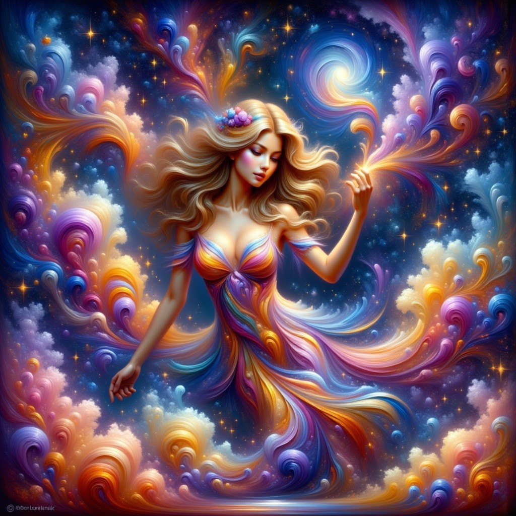 Mystical Woman in Colorful Cosmic Swirls