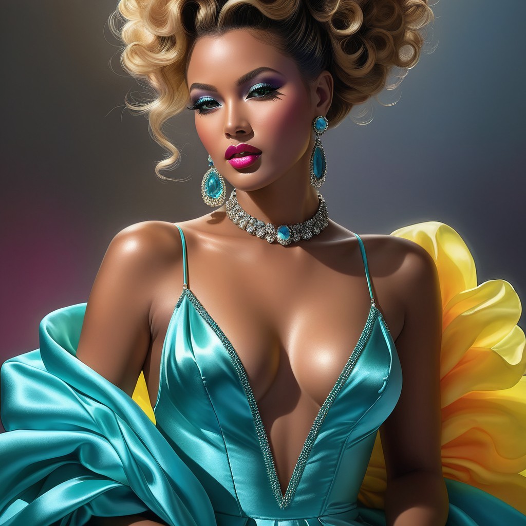 Elegant Figure in Turquoise Gown with Opulent Details