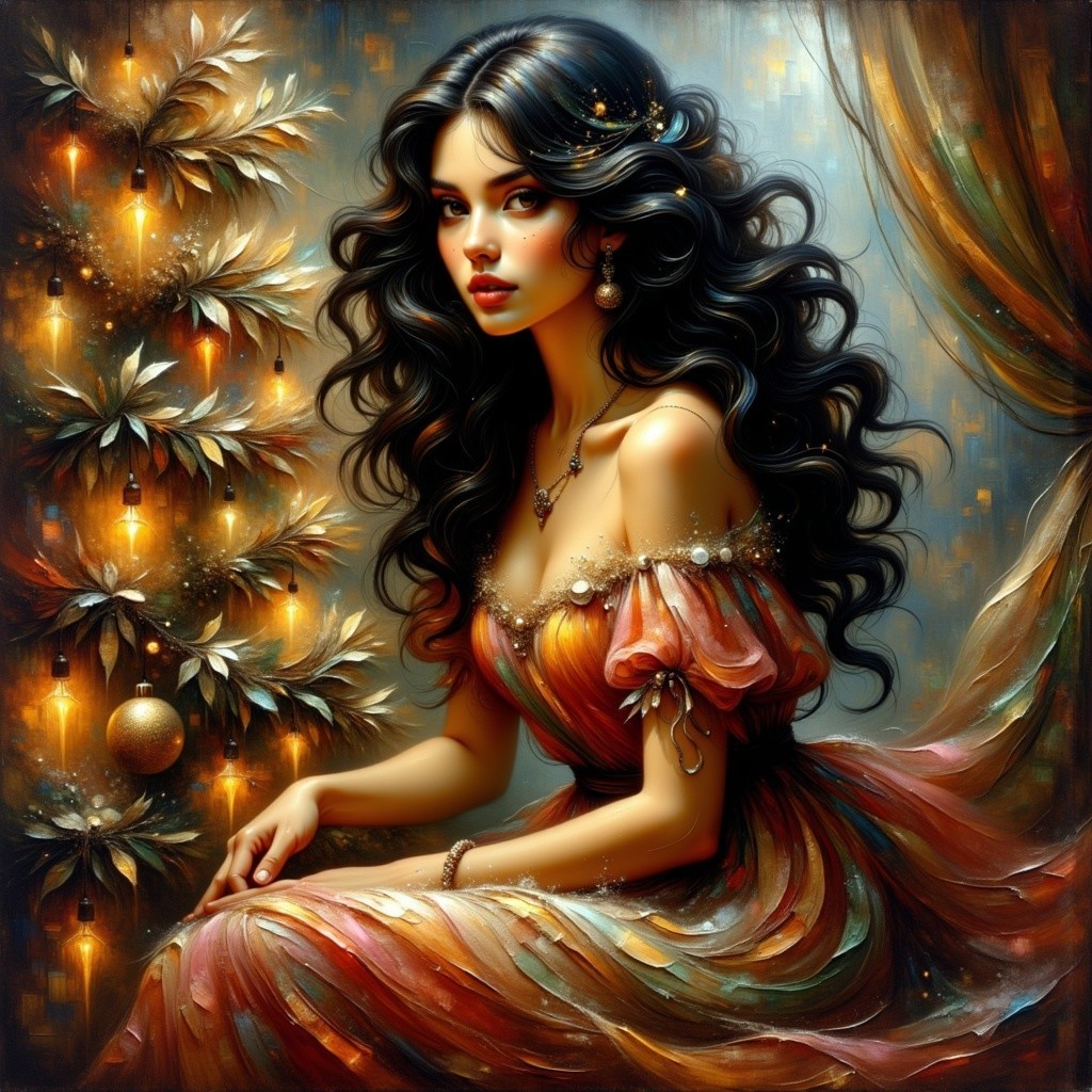 Woman in vibrant gown by a festive Christmas tree