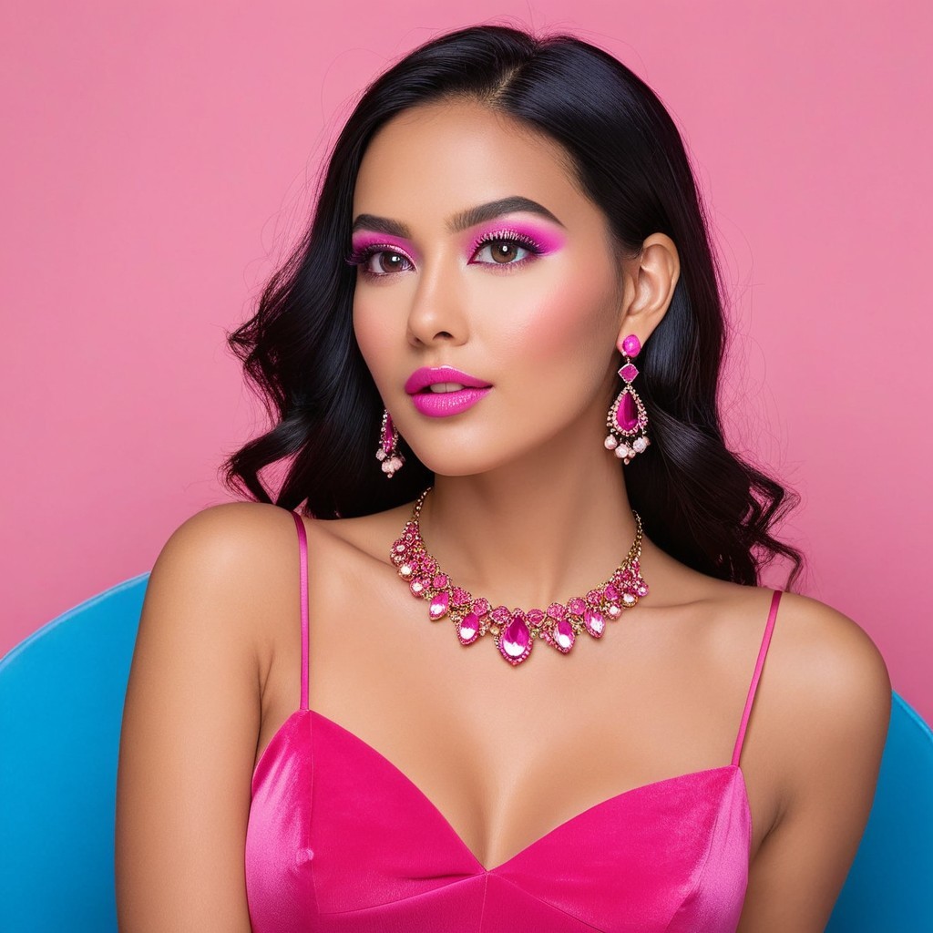 Portrait of a Woman in Vibrant Pink Makeup and Gown
