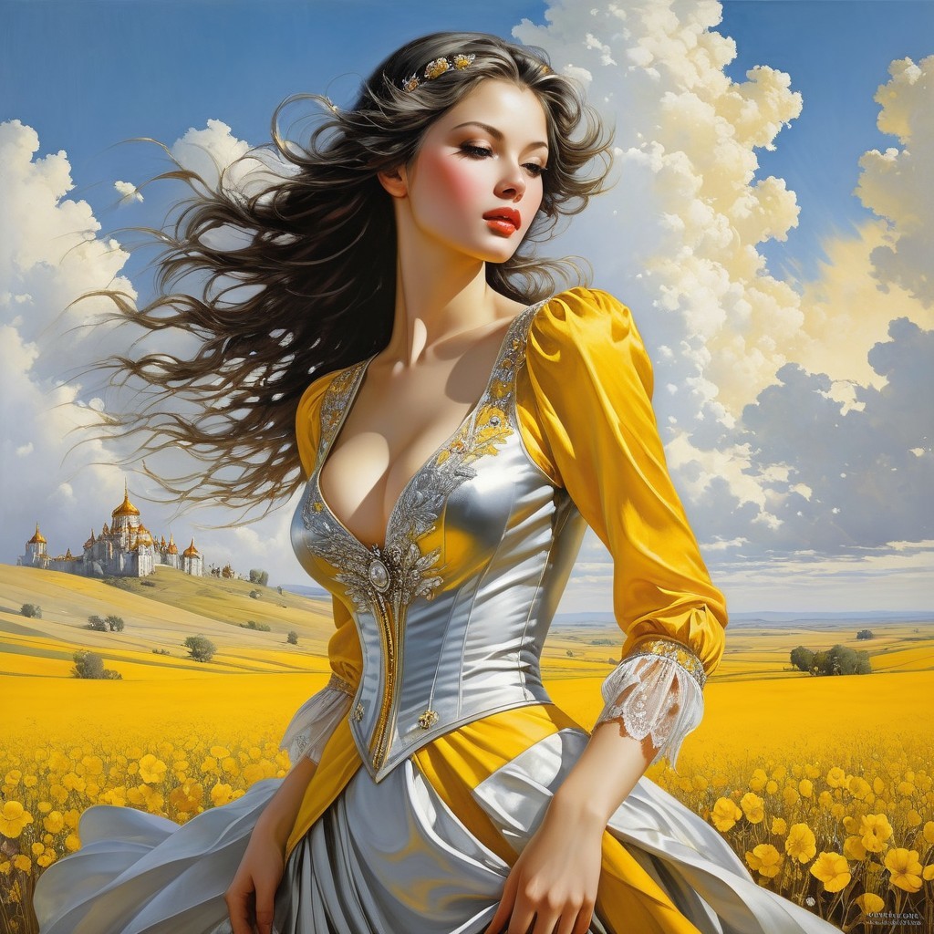 Young Woman in Yellow Dress in Flower Field