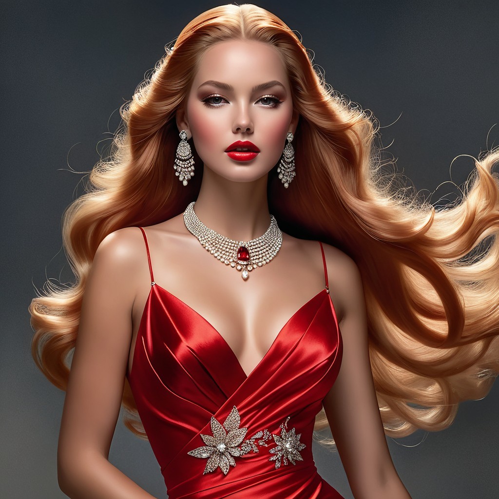 Glamorous Woman in Elegant Red Gown and Bold Makeup