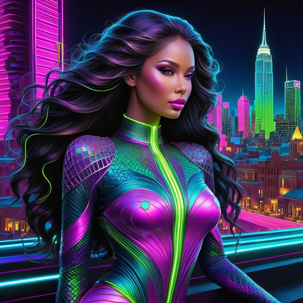 Futuristic Woman in Neon Bodysuit Against City Skyline