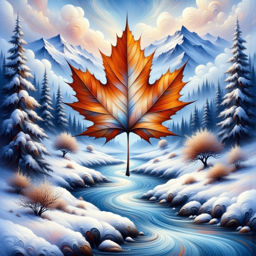 Autumn Leaf Against a Winter Landscape Scene