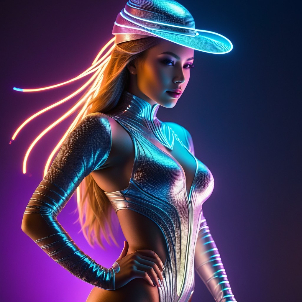 Futuristic figure in metallic bodysuit with neon accents