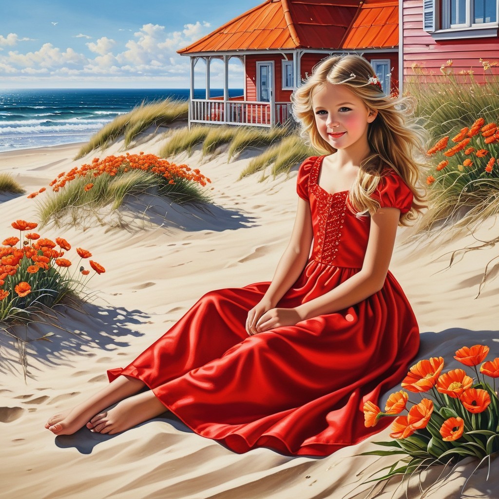 Young girl in red dress on beach with flowers and waves