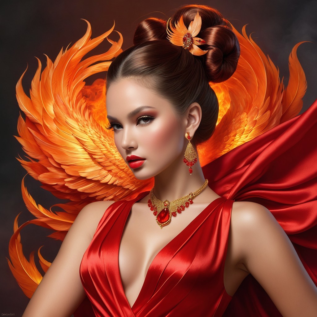 Elegant portrait of a woman in a red gown with flames