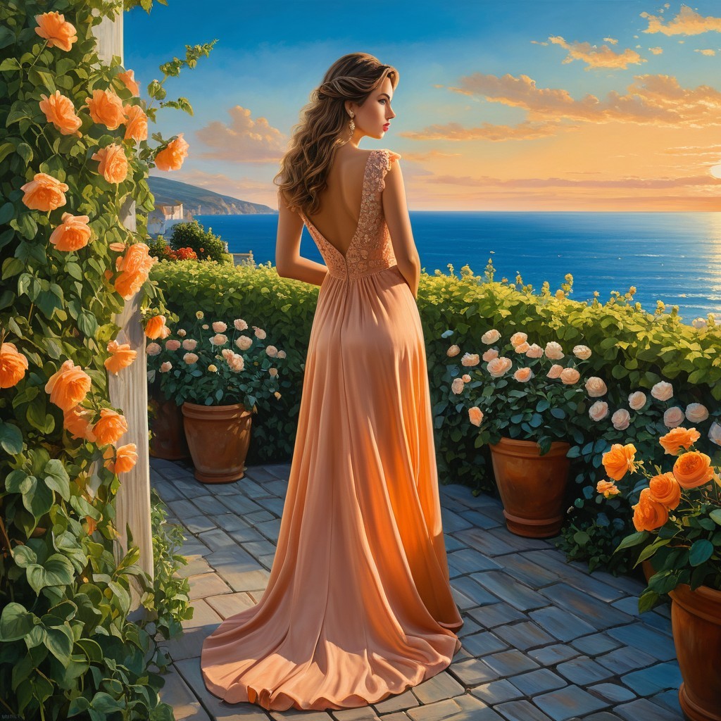 Woman in Peach Gown on Ocean View Terrace at Sunset