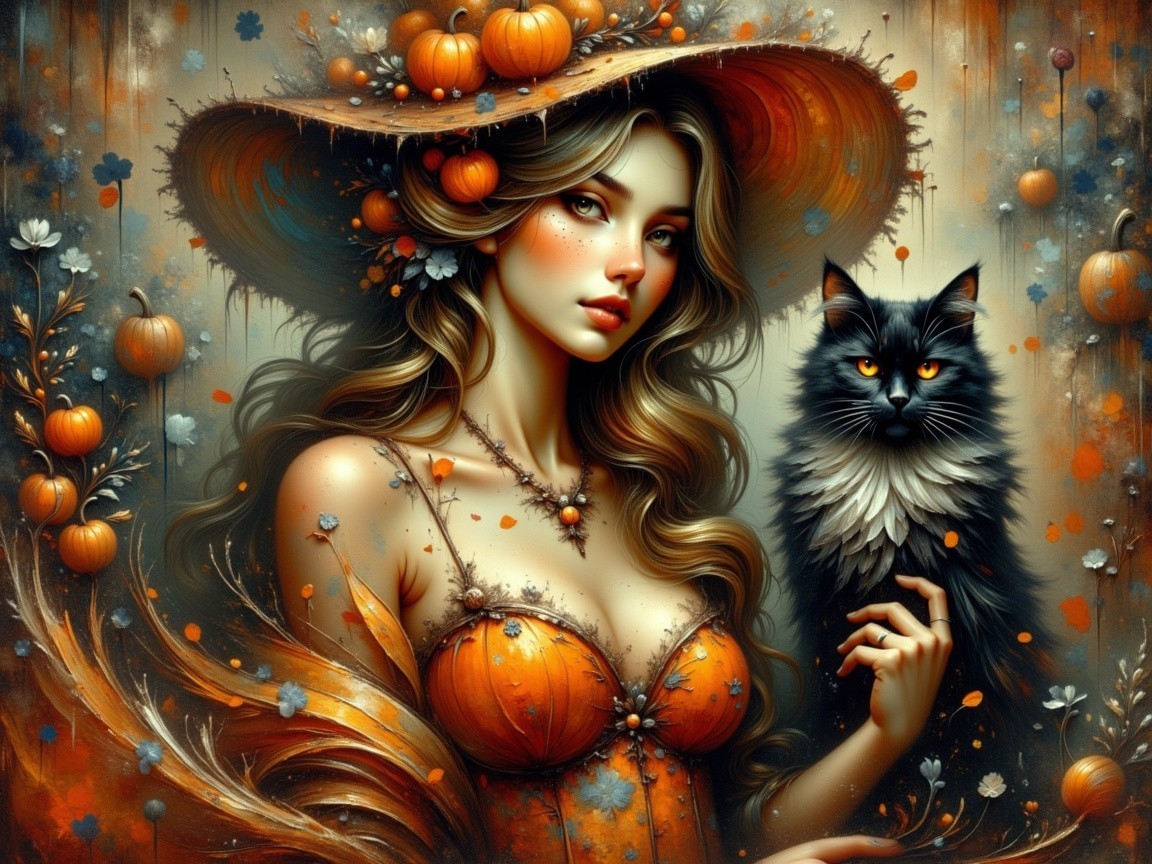 Woman in Orange Dress with Black Cat and Pumpkins
