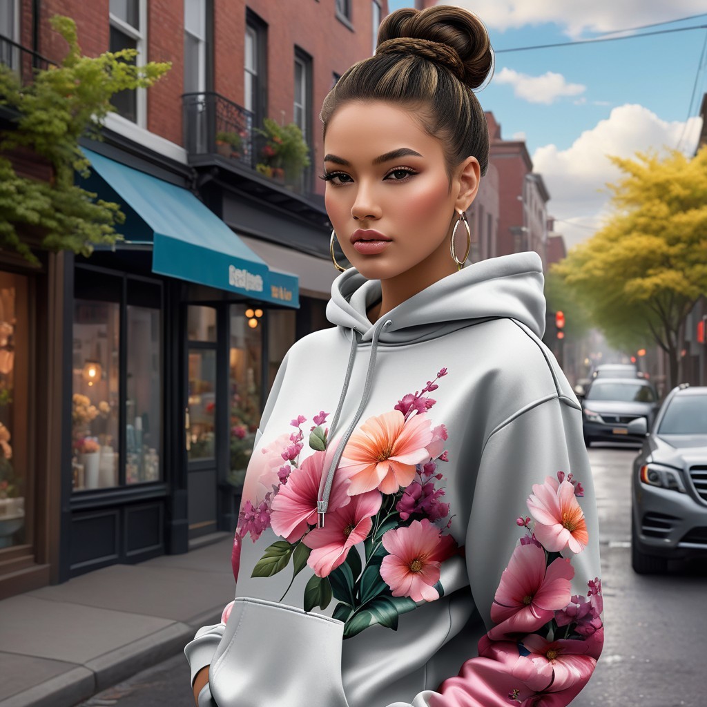 Young woman in silver floral hoodie on urban street