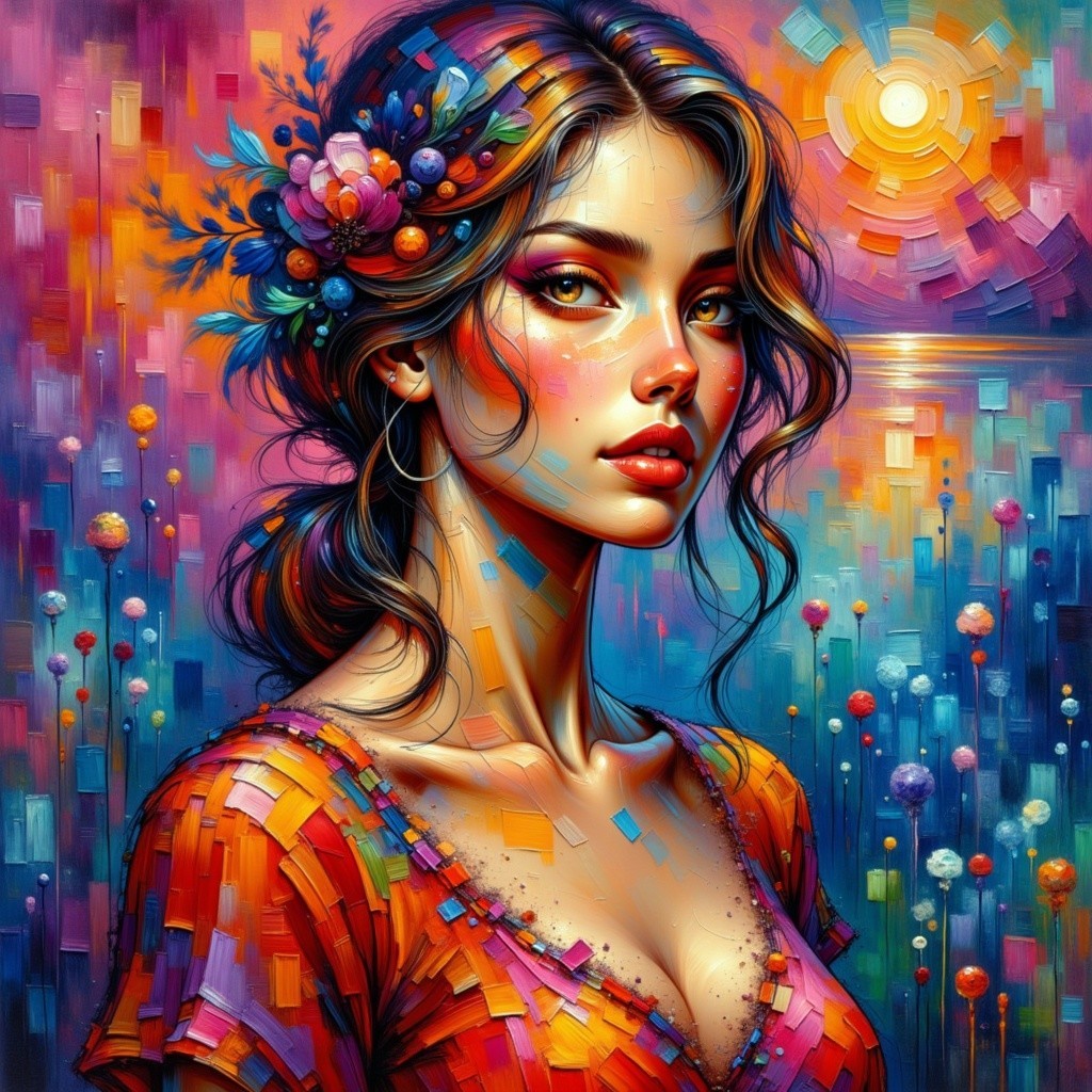 Vibrant Digital Artwork of Woman with Flowers and Sunset