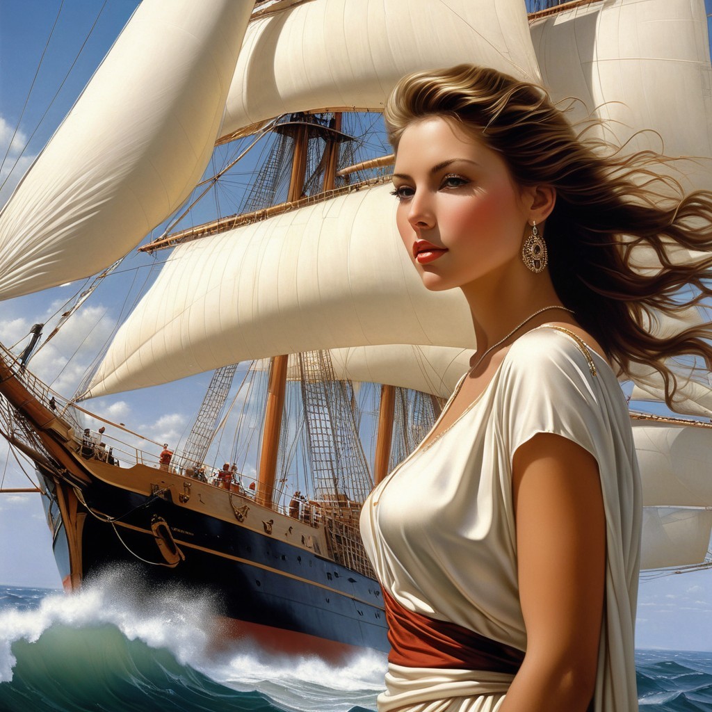 Young Woman in White Gown with Tall Ship at Sea