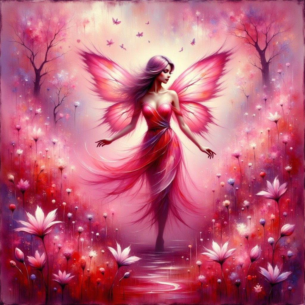 Magenta Fairy in Dreamy Landscape Painting Description