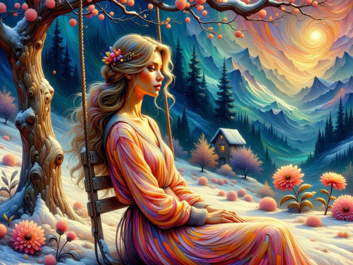 Digital Painting of Woman in Snowy Forest Setting