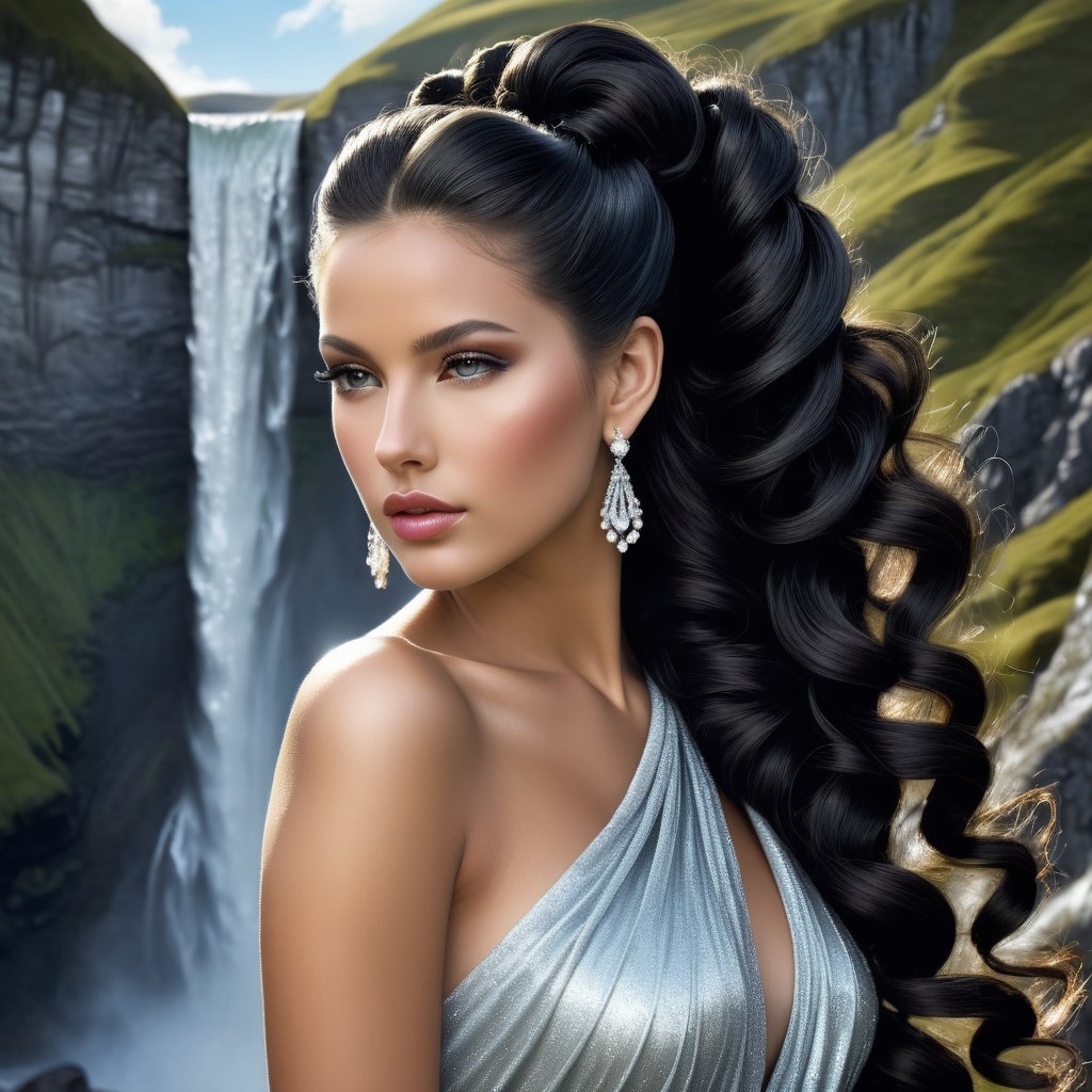 Elegant Woman by a Majestic Waterfall in Silver Dress