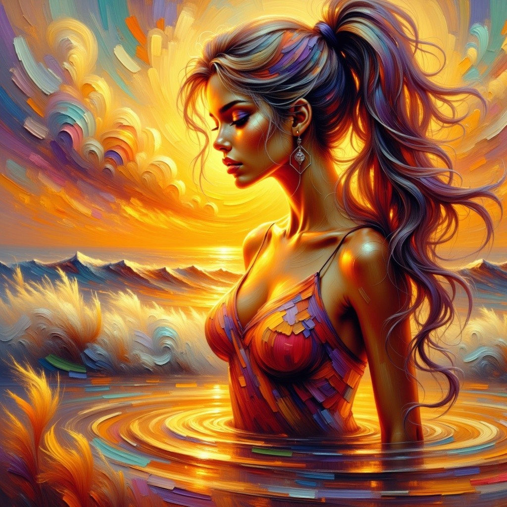 Stylized Portrait of Woman in Sunset by Water