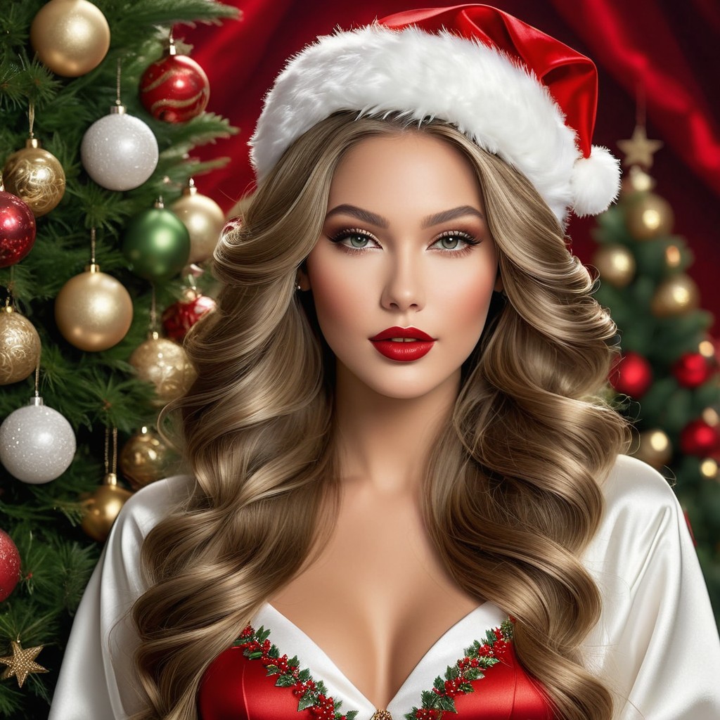 Glamorous Woman in Festive Holiday Attire and Decor