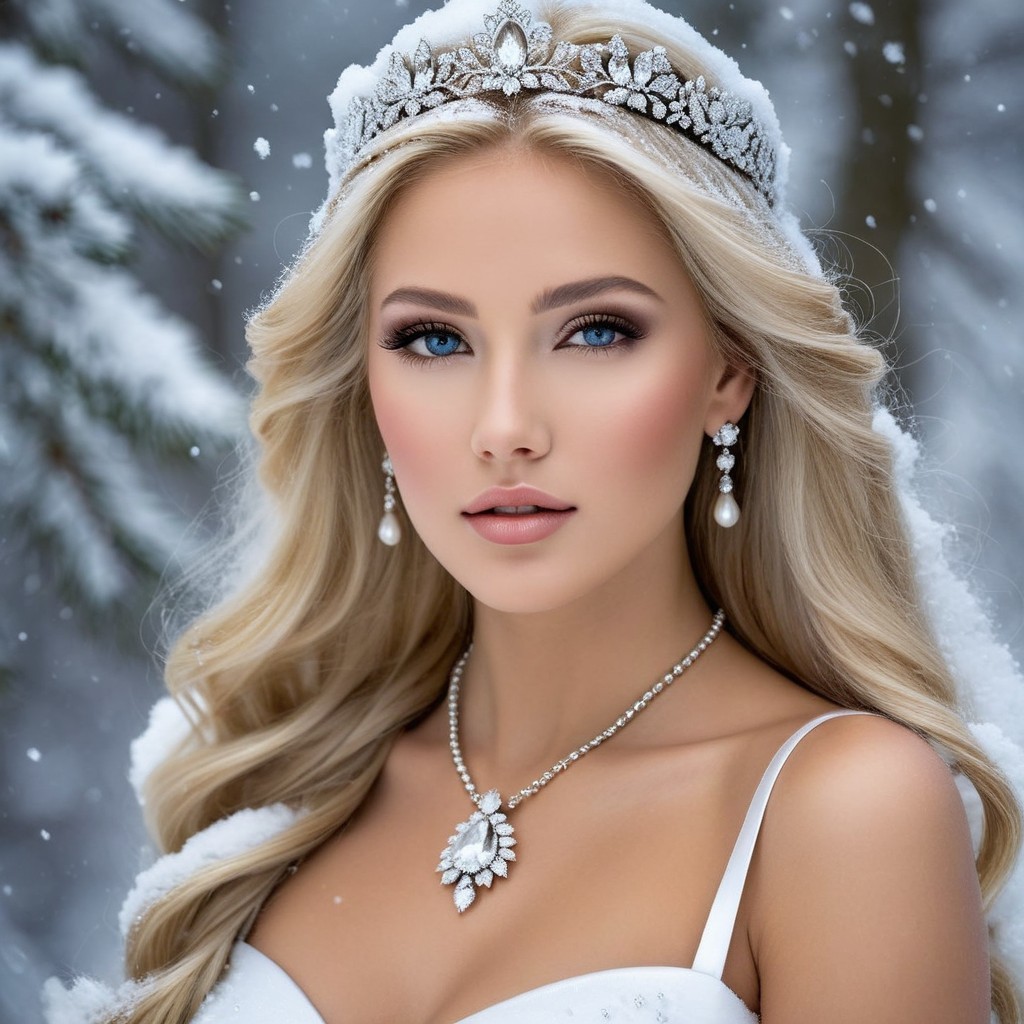 Woman in White Gown Surrounded by Snowy Landscape