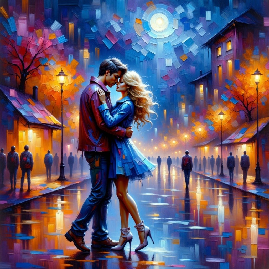 Vibrant Oil Painting of Couple Embracing in Rain