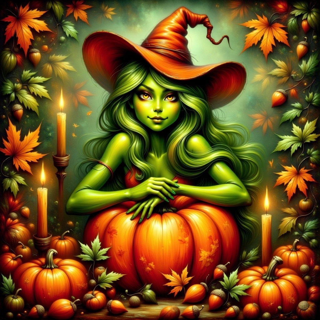 Mystical Witch Surrounded by Autumn Foliage and Pumpkins