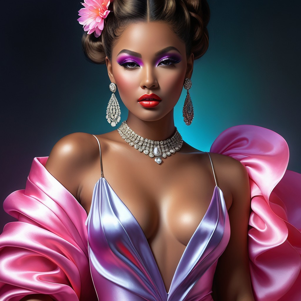 Glamorous Model in Lavish Lavender Gown and Bold Makeup